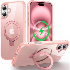 Magnetic Compatible with iPhone 16 Case with Stand [Military Grade Drop Tested][Compatible with Magnet] Ring Translucent Slim Hard Back Soft Edge, Pink