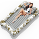 Rrtizan Inflatable Tanning Pool Rafts for Adults, 83.5" x 52.4" Adult Pool Floats with Pillow, Cup Holder & Handles, 4-in-1 Suntan Tub Raft Floatie for Pool, Backyard, Kids' Ball Pit (Golden-White)