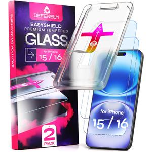 Defenslim Screen Protector for iPhone 15/16 (2Pack), Easy Auto-Align Install Kit, 6.1" Tempered Glass, 9H Hardness, Ultra HD Clear, Case Friendly, EasyShield