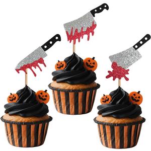 2 x GYGYL 24 PCS Halloween Cupcake Toppers, Glitter Horror Blood Knife Cupcake Picks, Have a Killer Birthday Cake Decorations for Halloween Blood Knife Theme Birthday Party SuppliesBlood Knife