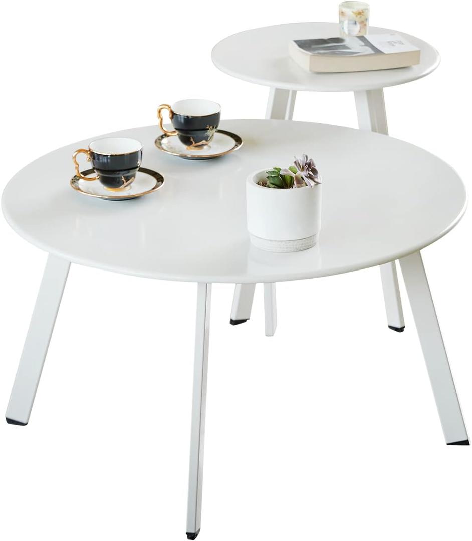 Meluvici Outdoor Patio Coffee Table Set of 2, Weather Resistant End Table, Round Nesting Tables for Living Room Balcony Office, White