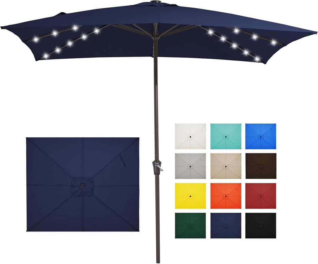 JEAREY 8x10 ft Rectangular LED Lighted Patio Umbrellas Outdoor Solar Table Market Umbrella w/Crank, 8 Sturdy Ribs, UV Protection Waterproof Sunproof(Dark Blue)