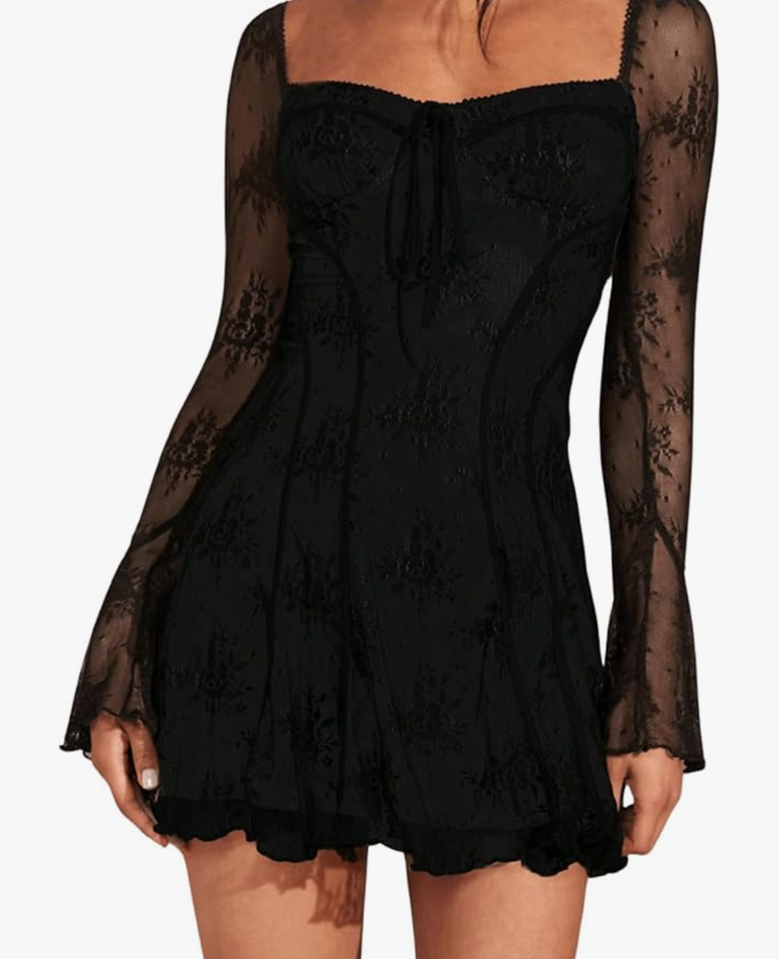 SOLY HUX Women's Lace Mesh Flare Long Sleeve Mini Dress Ruffle Flowy Party Cocktail Dresses, Size M