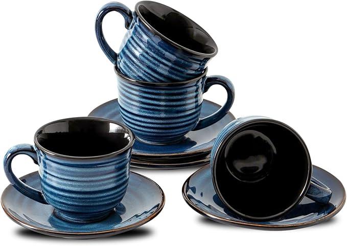 Hasense Ceramic Tea Cups and Saucers, 8oz Cappuccino Cups Set of 4, Espresso Coffee Mugs for Home and Office, Perfect for Coffee, Cappuccino, Latte, Americano, Milk and Tea - Grey Brown