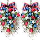 2 Pack 21'' Patriotic Swag Wreaths for Cabinets Artificial 4th of July Teardrop Wreath with Red White Blue Tulips Floral and Berries for Independence Day Memorial Day Front Door Porch Window Wall