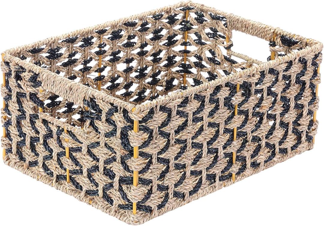 Rectangle Hand Weaved Wicker Baskets made of Water Hyacinth | Nesting Black and Natural Seagrass Bins | Set of 2