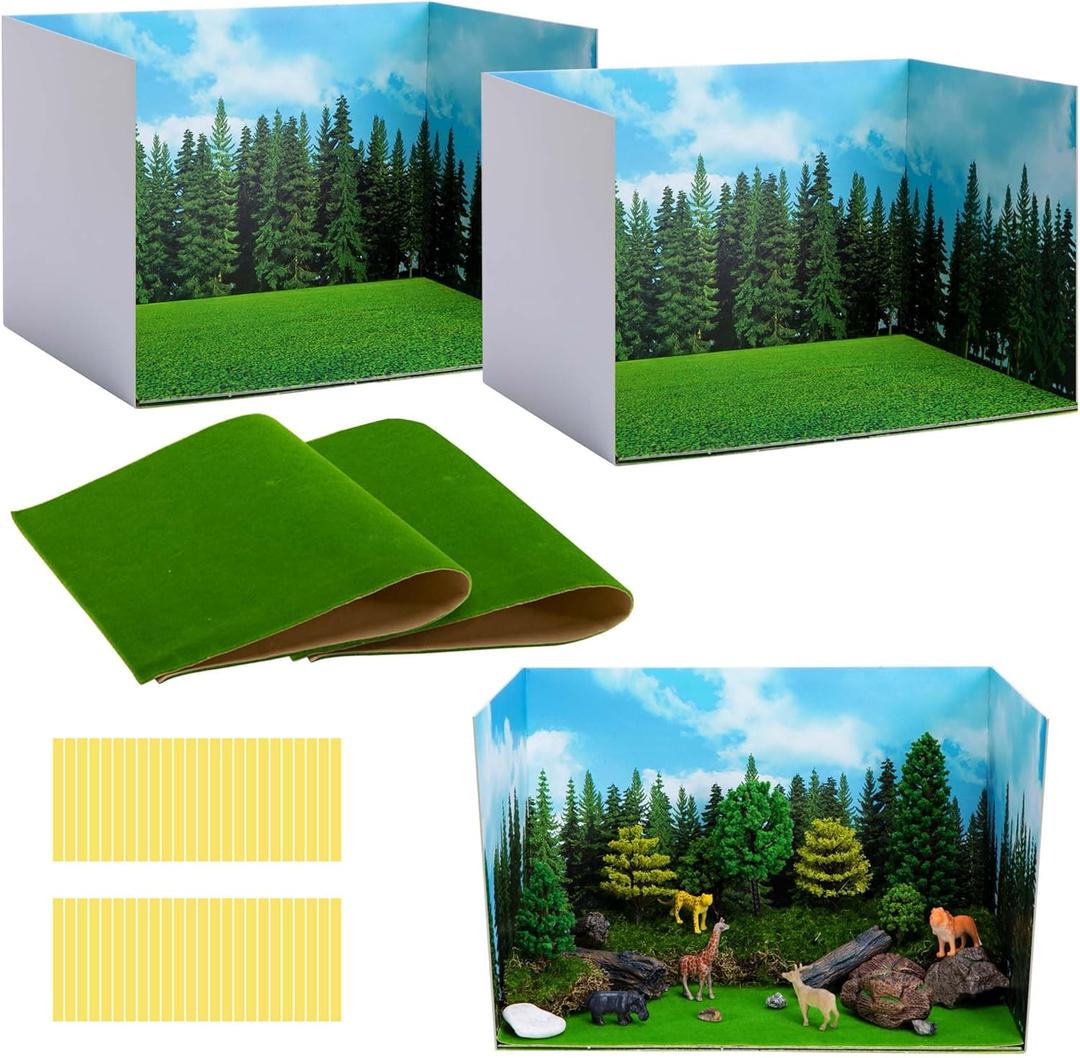 codree 4 Pcs Jungle Style Diorama Box and Fake Grass Decor, Rainforest Diorama Supplies Project Box Set, Cardboard Diorama Kit & Artificial Grass with Double Sided Tapes for DIY Crafts Toys Dollhouse