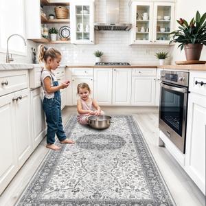 Hallway 4x8 Washable Runner Rug: Oriental Stain Resistant Entryway Kitchen Rug Farmhouse Soft Carpet for Bathroom Bedroom Thin Laundry Room Floor Mat with Non Slip Backing for Pets Family  (4x8,Grey)