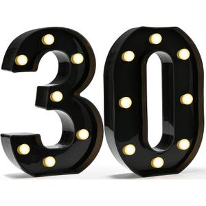 Pooqla Decorative Led Light Up Number Letters, Black Plastic Marquee Number Lights Sign for 30th Birthday Party Wedding Decor Battery Operated Black Decoration 30