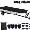 420D Upgraded Jon Boat Cover 12-14ft Heavy Duty Trailerable Jon Boat Cover Waterproof UV Resistant Marine Grade Reinforced Adjustable Side Straps Black
