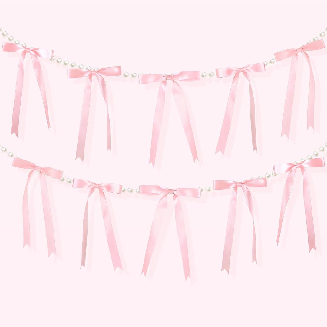 Riceshoot Pearl Bow Garland 12 Pcs Mini Satin Ribbon Bows and 9 Yds Pearl Garland for Mantle Fireplace Staircase Decor Birthday Wedding Easter Holiday Party Supplies(Pink)