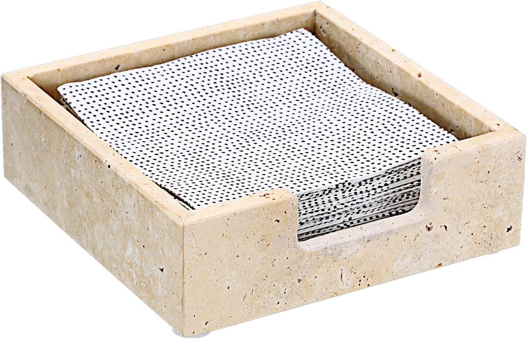 Sumnacon Travertine Cocktail Napkin Holder for Table, 6.2" x 6.2", Square Napkin Holders Small Napkin Tray, Flat Modern Napkin Dispenser for Kitchen, Countertop, Dining Table, Party, Bar (Beige), Pack Of 2