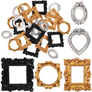 Vicenpal 25 Pcs Vintage Resin Picture Frame Antique Mini Resin Jewelry Display Photography DIY Small Photo Frame for Photo Home Decoration (Black,Gold,Silver)