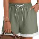 BETTE BOUTIK Summer Comfy Womens Beach Shorts Fashion Cotton Casual Elastic Waist Linen Lounge Shorts Loose Gym Workout Flowy Basic Shorts with Pockets Grey Green XL (Green, XL)