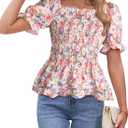 Womens Puff Short Sleeve Babydoll Tops Floral Summer Peplum Blouse Smocked Square Neck (XXL)
