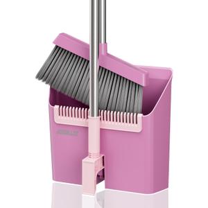 JOYMOOP Pink Broom and Dustpan Set, Upright Angle with Built-in Comb Teeth for Kitchen, Lobby, Pet Hair and Hard Floors (Lavender Pink & Sakura Pink)