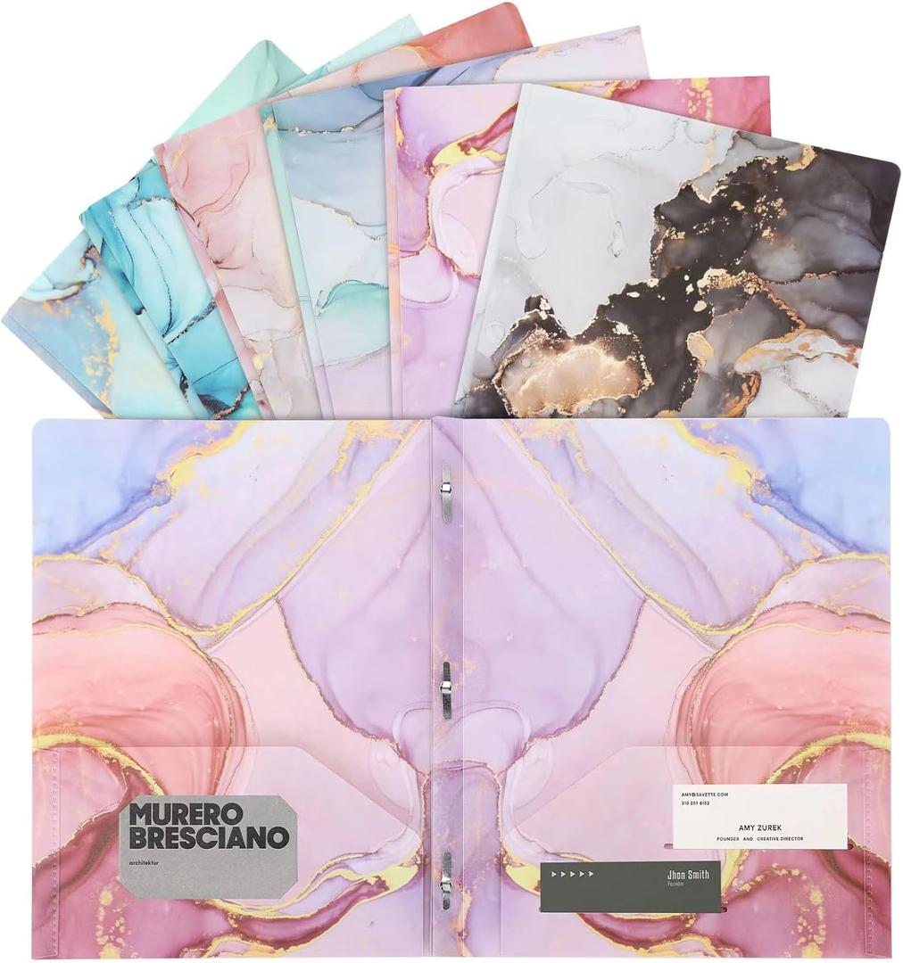 Ddaowanx Folders with Pockets and Prongs, 6 Pack 2 Pocket 3 Prong Cute Marble Style Folder,Plastic Folders for Documents Back to School Supplies(6)