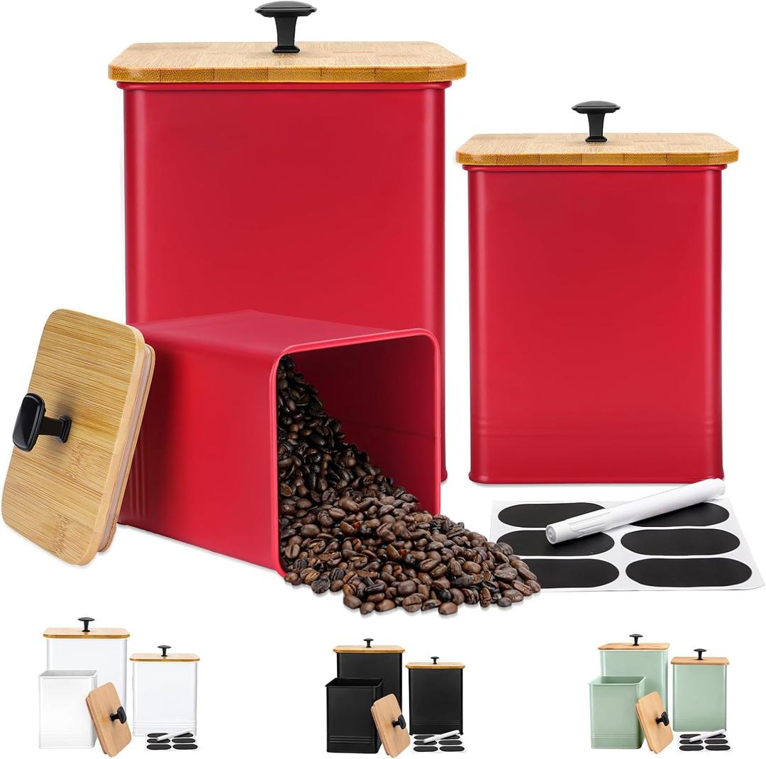 Kitchen Canisters Set of 3, Metal Flour Sugar Storage Containers with Airtight Lids-Canisters Sets for Kitchen with Customizable Chalkboard Labels & Marker Pen-Spice, Coffee Storage Jars(Red)