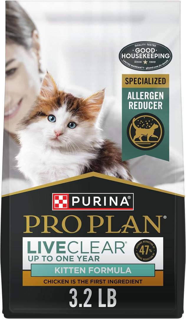 Purina Pro Plan LiveClear Dry Cat Food for Kittens Cat Allergen Reducer Chicken and Rice Formula - 3.2 lb. Bag, Pack of 6