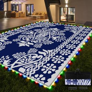 Pafolo Outdoor Rug Waterproof, 9'x12' Reversible Patio Rug with Lights, 4 Rug Stakes, Non Shedding, Easy Cleaning, Foldable Outside Mat for RV, Camping, Porch, Deck, Beach, Patio, Picnic, Blue&White
