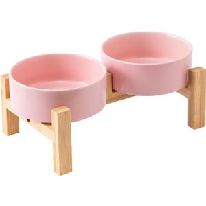 Elevated Ceramic Dog Bowl Set - Raised Dog Bowls with Non Slip Bamboo Stand, Food and Water Bowl Set for Kitty, Cats and Toy Breed Dogs, Pet Bowls, Weighted Dogs Dishes (5.1'', 2*16OZ, Pink)