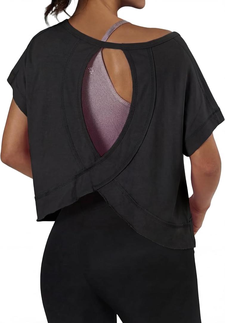 GRECERELLE Women's Open Back Workout Tops Backless Athletic Shirts Casual Crop Running Tee Y2k Yoga (Large)
