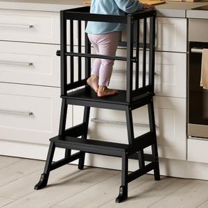 COSYLAND Kids Kitchen Step Stool Helper Baby and Toddler Multi-Function Step up Nursery Helper Stand with Safety Rail in Natural Bamboo, Strong and Lightweight 1.5-3 Years (Black)