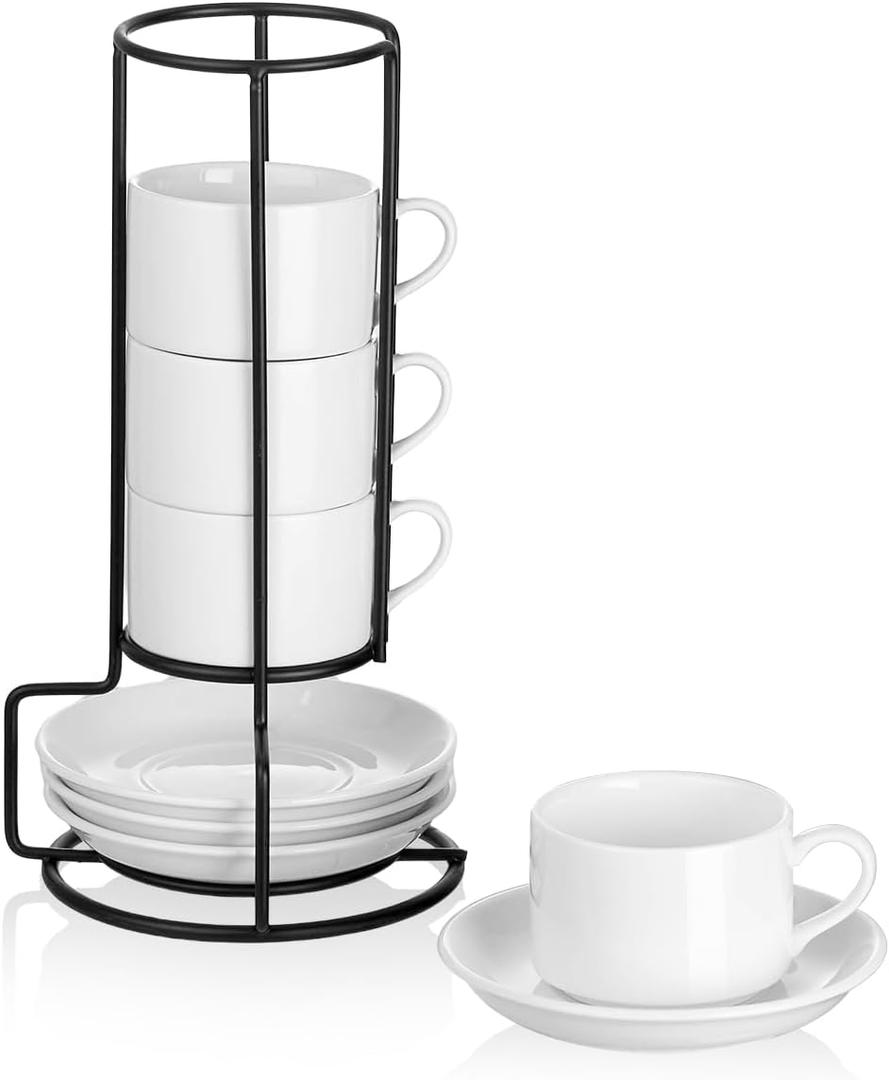 2.5oz Espresso Cups Set of 4, Porcelain Stackable Espresso Cups with Saucers and Metal Stand Set, White Expresso Shots Cup Set