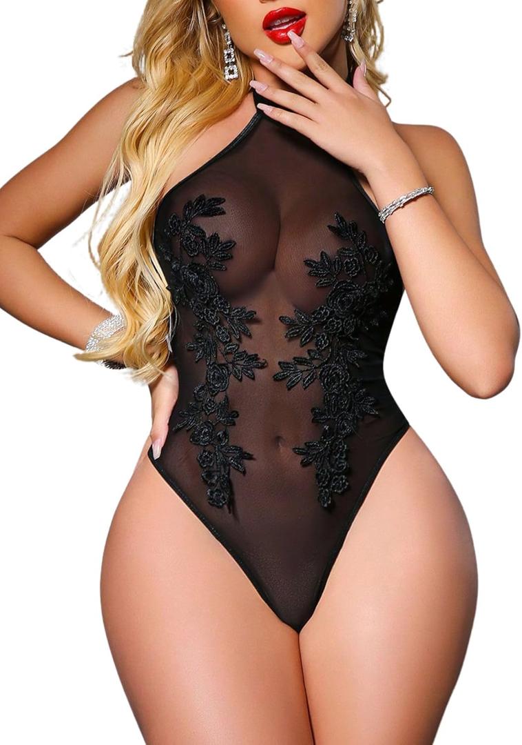 Lingerie for Women Sexy Teddy Bodysuit Sheer Mesh Halter One Piece Lingerie with Snap Crotch (Small, Black)
