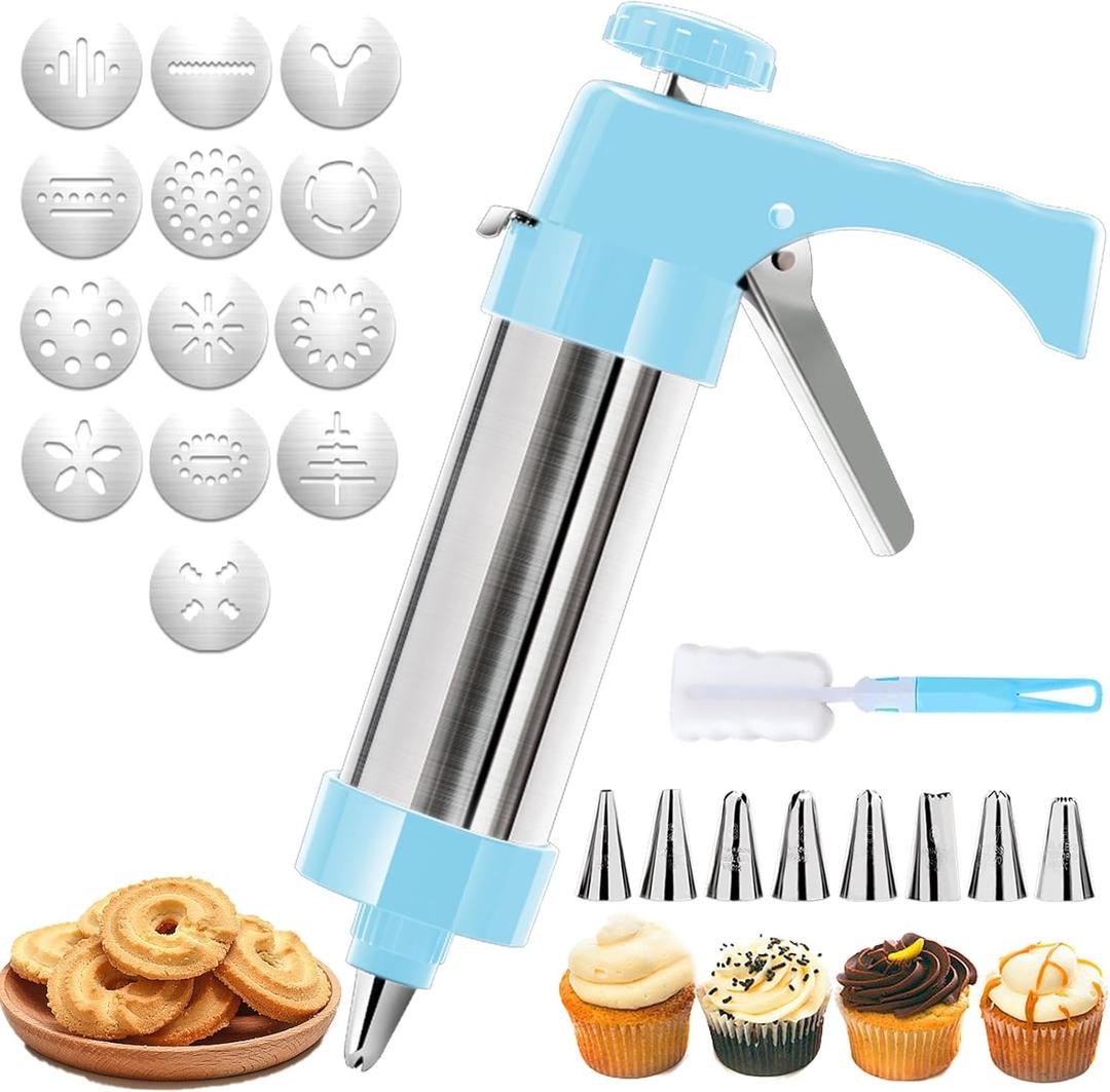 JAYVAR Cookie Press, Stainless Steel Cookie Decorating Kit, Dessert Decorating Syringe with 8 Piping Tips 13 Cookie Discs for Biscuit Maker, Frosting Piping Kit for Cupcake Decoration