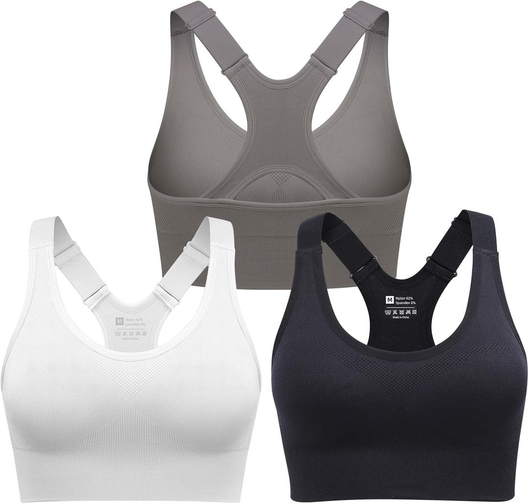 Sports Bras for Women Pack Racerback High Support Bras with Adjustable Straps-Padded Seamless Yoga Bra (X-Large, Black+gray+white)