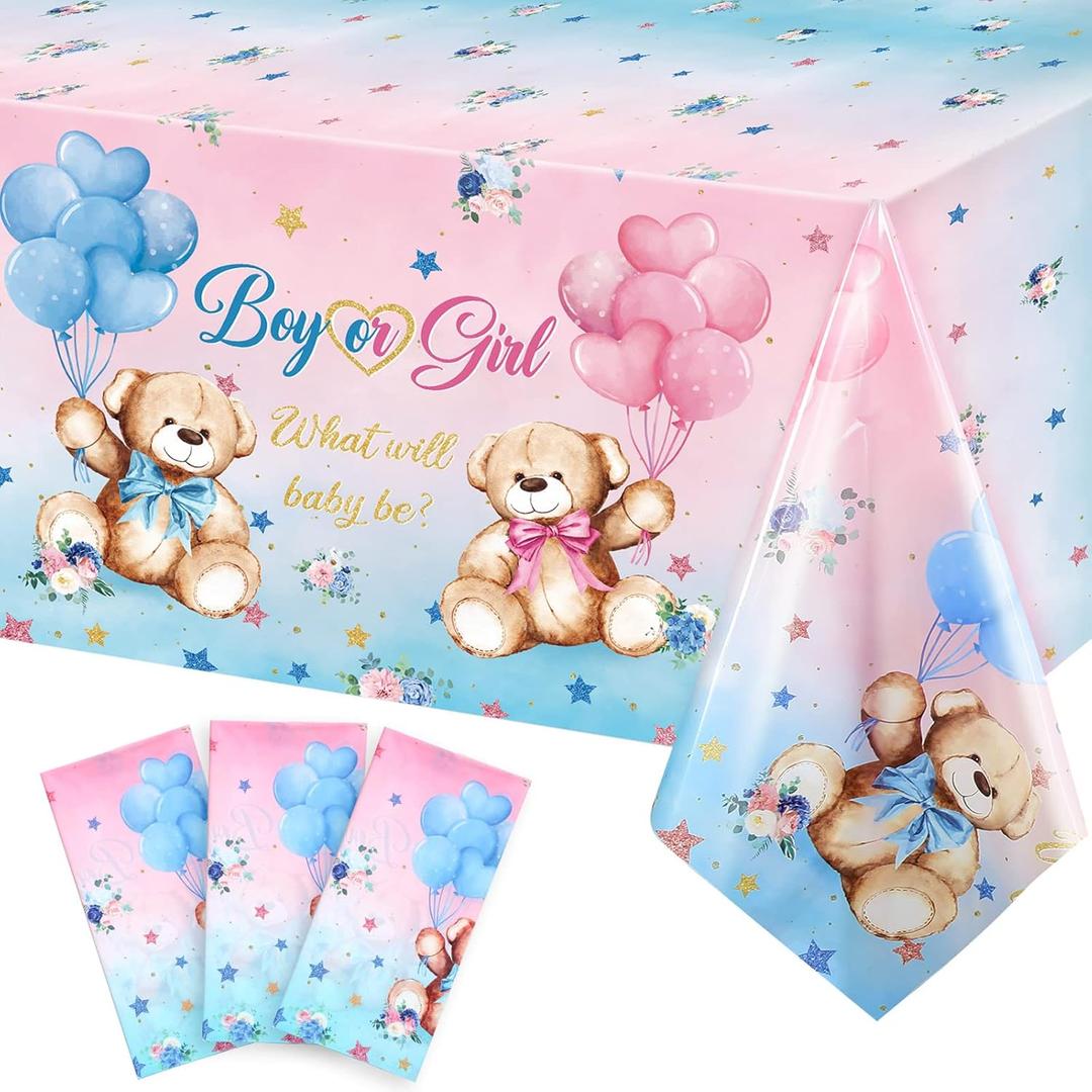3 Pcs Bear Baby Shower Tablecloths Gender Reveal Party Supplies Rectangle Plastic Bear Tablecloths for Baby Shower Gender Reveal Party Decorations (54x108in