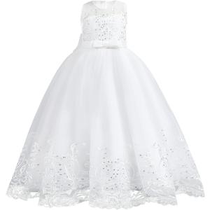 Flower Girl Lace Dress for Kids Wedding Bridesmaid Pageant Party Formal Long Gown Princess Communion Tulle Bow Dresses, White 9-10Y