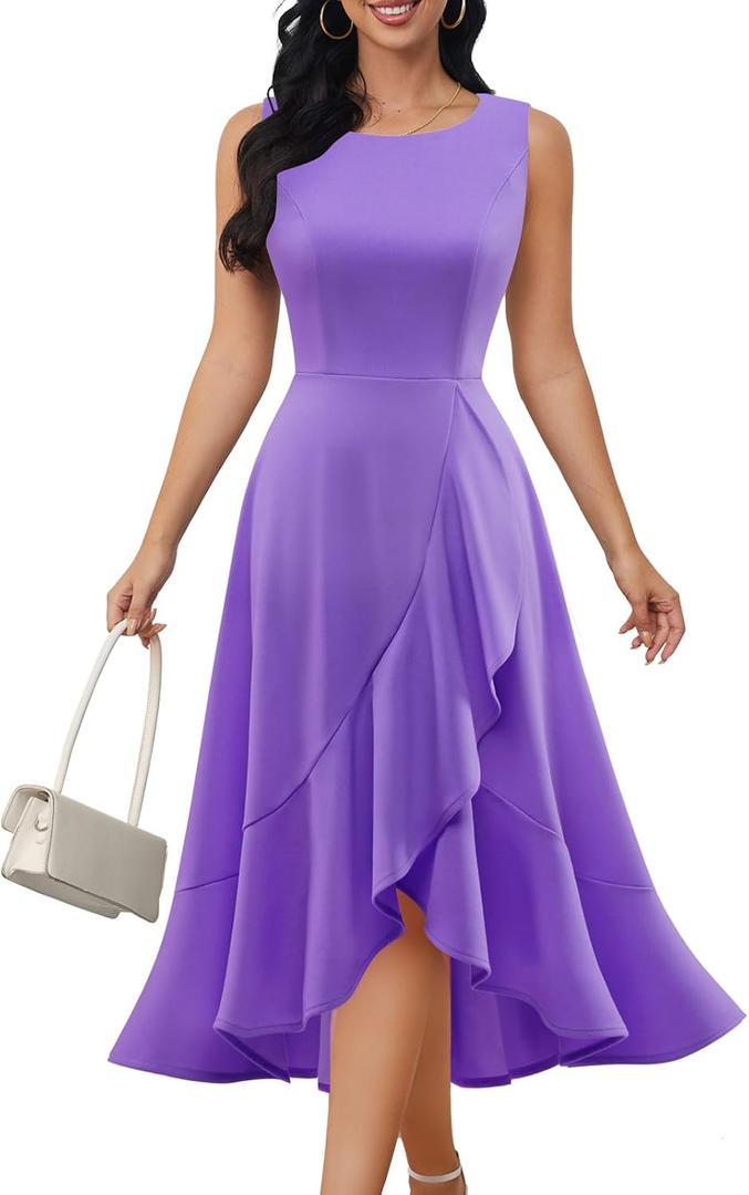 DRESSTELLS Women's Cocktail Party Formal Wedding Guest Church Modest Prom Long High Low Evening Dress (Purple, M)