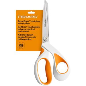 Fiskars RazorEdge Fabric Scissors, Heavy Duty Fabric Shears, Ultra-Sharp Stainless Steel Blades & SoftGrip Ergonomic Handle, 8, White/Orange