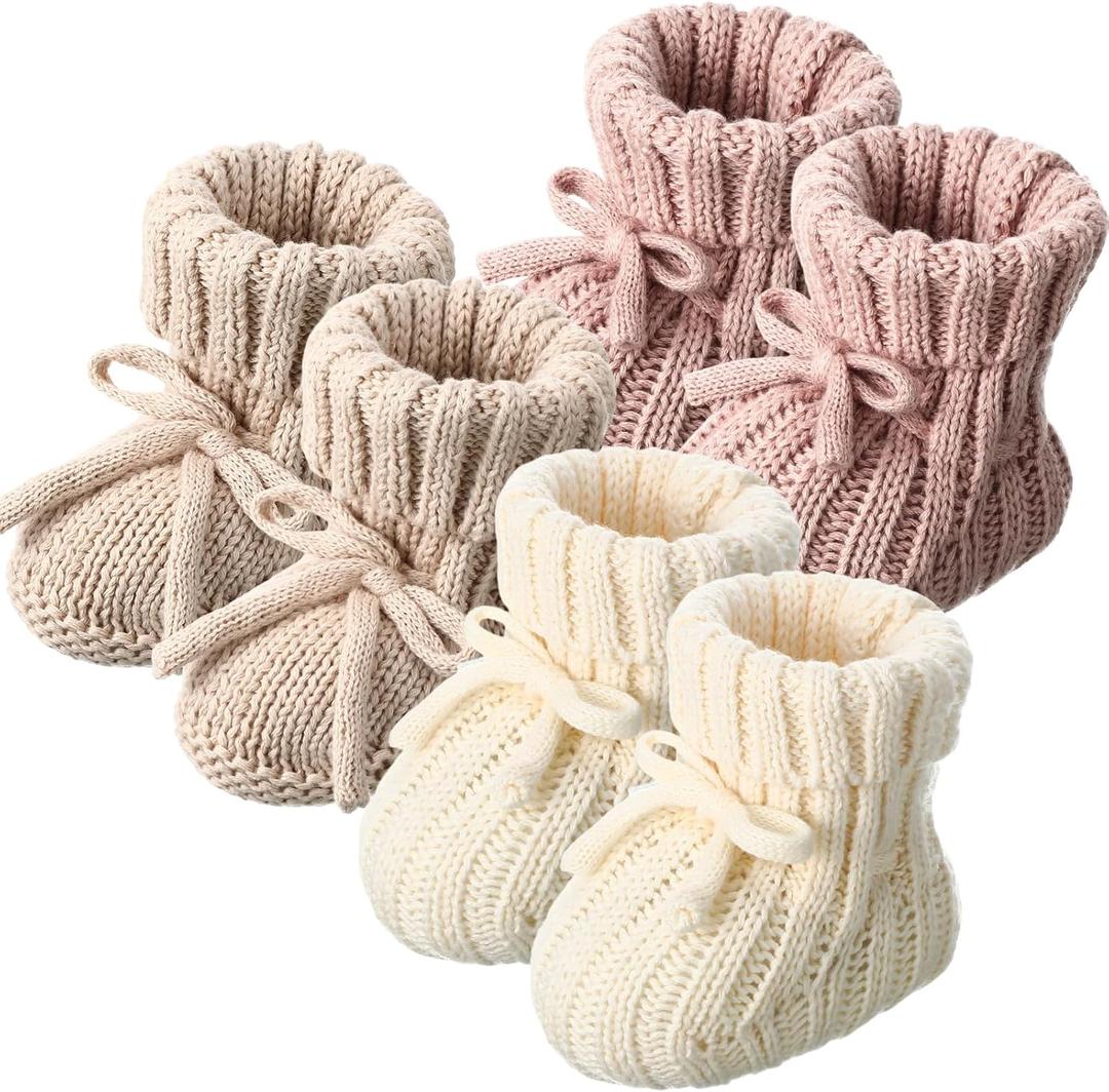 Evervibe 3 Pairs Knitted Baby Booties 0-6 Months Newborn Baby Shoes First Walkers Cozy Shoes for Infant Boy Girl(Beige, Khaki, Pink)
