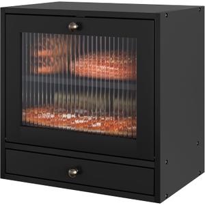 Pine Wood Bread Box for Kitchen Countertop - Large 2-Layer Bread Storage Container with Magnetic Closure, Acrylic Window & Removable Coffee Pod Tray, Black