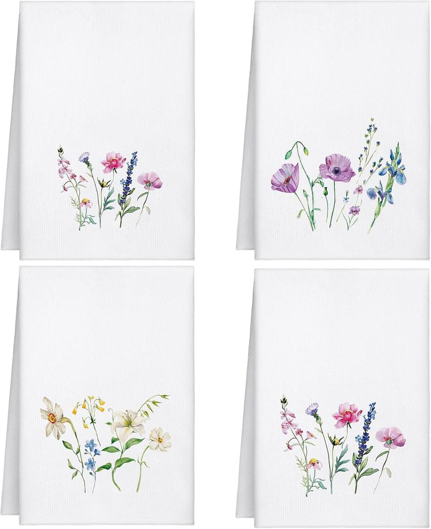 Geyoga 4 Pcs Spring Floral Fingertip Towels Wildflowers Bathroom Kitchen Hand Towels Farmhouse Flower Tea Dish Washcloths for Bathroom Kitchen Home Spring Easter Decor Gifts (White)