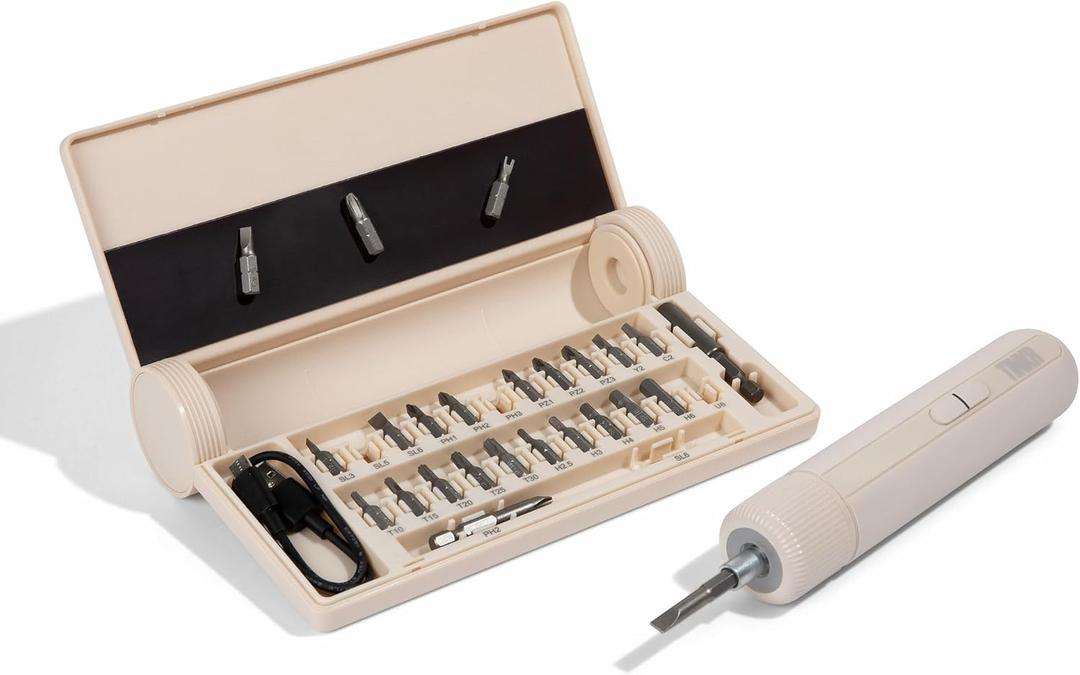 TINKR Electric Screwdriver Set, 3.6V Cordless Rechargeable Screwdriver with Adjustable Torque (8Nm Max), 24 S2 Bits, LED Light, USB-C Fast Charging, and Storage Case (Cream)