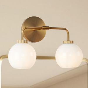 17 Inch Modern Glass Globe Double Sconce, Aged Brass Metal Finish Wall Light for Bedroom, Hand-Polished Milky Glass Shade Vanity Light Over Mirror, Elegant Light Fixtures for Indoor (Brass Mike)