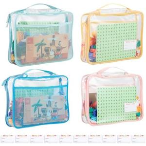 4-Pack PVC Waterproof Toy Storage Bags（Label, 10 Memo Cards), Large 13.8" x 3.2" x 10" Clear Double Zipper Organizing Bags with Handle, Magnetic Tiles Blocks Board game Storage Organizer Case