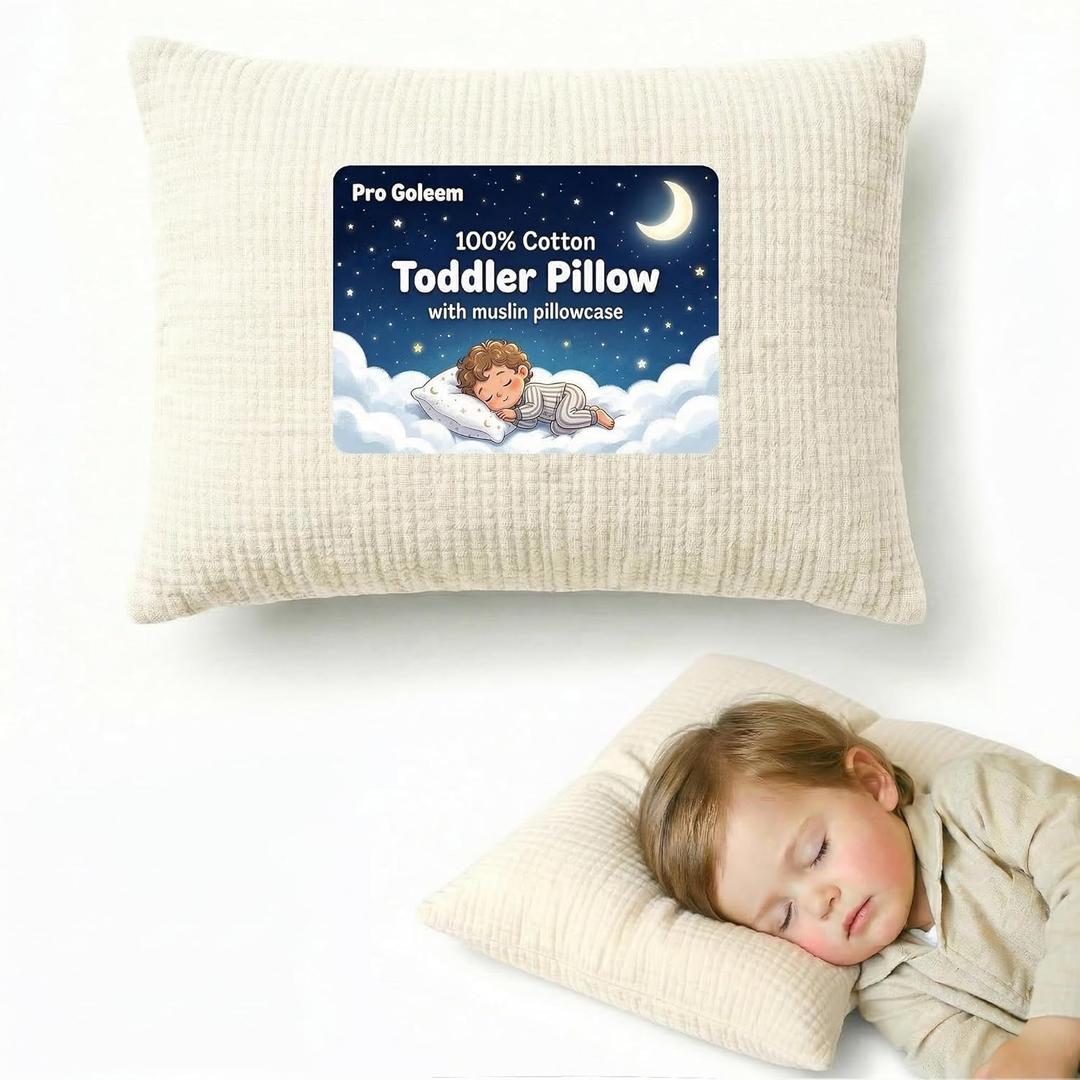 Pro Goleem Toddler Pillow with 100% Muslin Cotton Pillowcase  13x18 Ultra Soft, Breathable & Machine Washable Kids Pillow for Sleeping, Travel, Daycare & Preschool Nap (Beige, Ages 2+)
