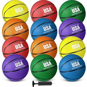 Libima 12 Pcs Rubber Basketball Official Size Bulk Streetball Multicolor Basket Ball with Pump Plain Basketball for Adult Youth Kid Indoor Outdoor Training Game Gift Back to School