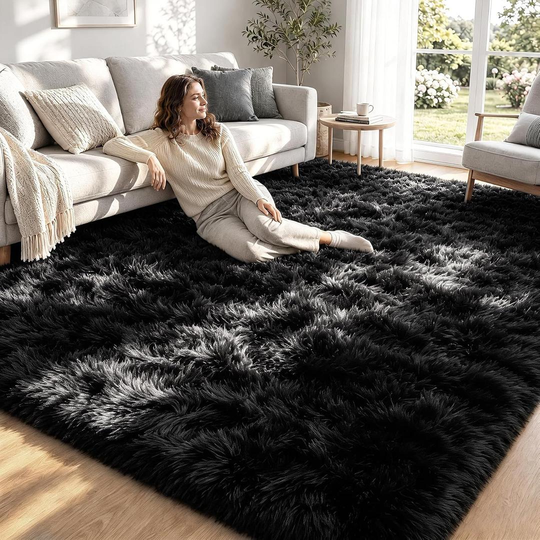 8x10 Area Rugs for Living Room: Soft Black Fluffy Rug Shag Washable Rug Plush Fuzzy Indoor Carpet for Bedroom Nursery Playroom Girls Boys Kids Room (Black, 8'x10')