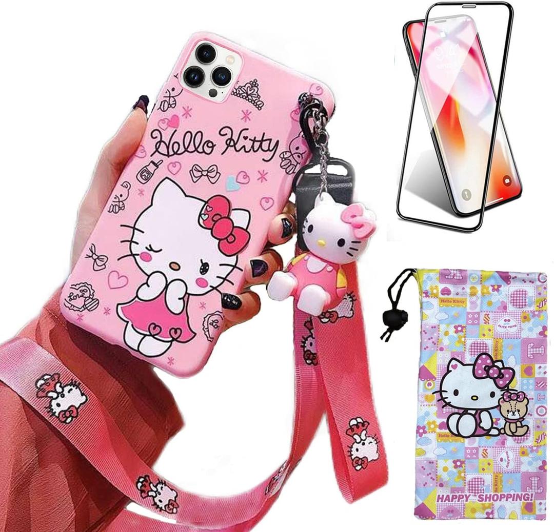 Compatible with iPhone 14 Pro Case with Screen Protector, Cartoon Cute Funny Kawaii Cat Kitty Animal Character Phone Case Silicone Lanyard 3D Cover Case for Kids Girls and Womens