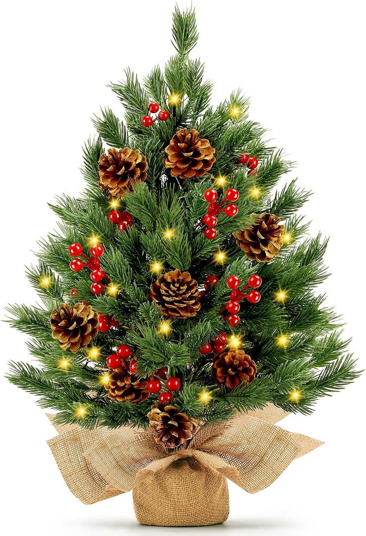 [ 8 Modes & Timer] 24 Inch Realistic Tabletop Christmas Tree Small Christmas Tree with 50 Warm Lights Battery Operated Red Berries Pine Cone Burlap Base Indoor Home Table Christmas Decorations (Spruce Green)