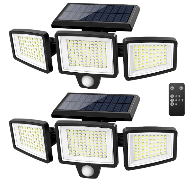 Tuffenough Solar Outdoor Lights 2500LM 210 LED Security Lights with Remote Control,3 Heads Motion Sensor Lights, IP65 Waterproof,270° Wide Angle Flood Wall Lights with 3 Modes (2 Packs)