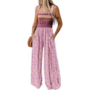 Dokotoo Women's Casual Loose Overalls Jumpsuits One Piece Sleeveless Printed Wide Leg Long Pant Rompers With Pockets (Medium, Pink)