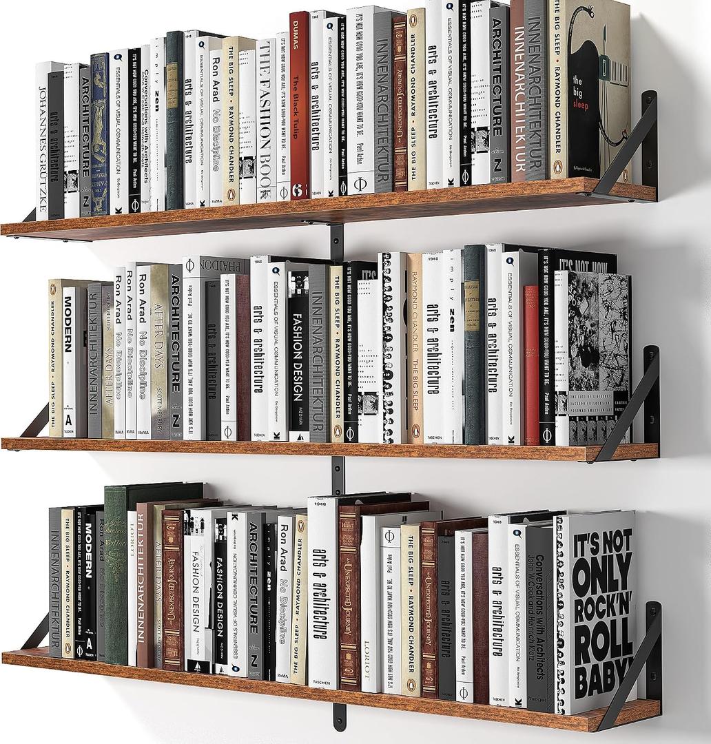 Heimlove Floating Shelves for Wall, 36 Inch Long Wood Floating Bookshelf Set of 3, Wall Mounted Hanging Shelf for Bathroom Bedroom Kitchen, Rustic Brown, 35.43"W x 5.9"D x 5.4"H,Set of 3