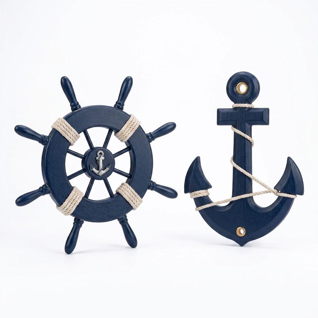 Wooden Nautical Ship Steering Wheel, Small Ship Rudder and Anchor Wall Decor Set, 11" Navy Blue Helm Wheel Beach Theme Hanging Ornament